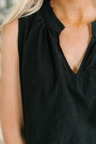 Dear Scarlett Camellia Split Neck Embroidered Tank in Black