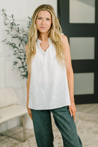 Dear Scarlett Camellia Split Neck Embroidered Tank in Off White