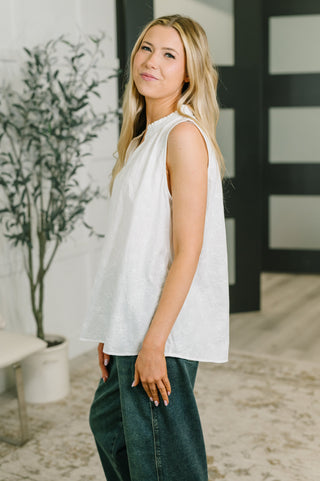 Dear Scarlett Camellia Split Neck Embroidered Tank in Off White