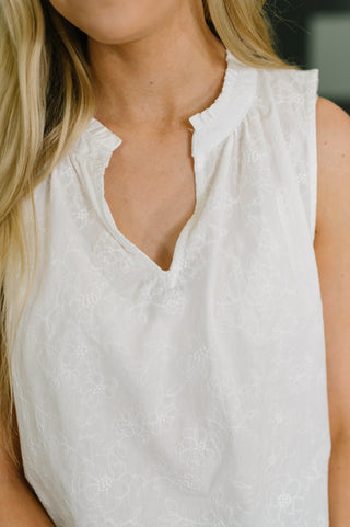Dear Scarlett Camellia Split Neck Embroidered Tank in Off White