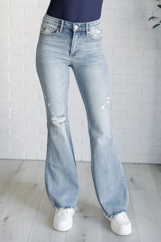 Judy Blue Caroline Mid Rise Control Top Distressed Flare Jeans - Exclusive