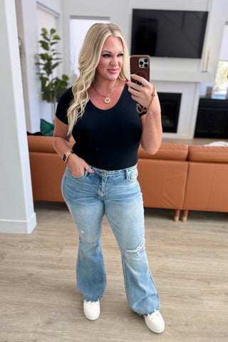 Judy Blue Caroline Mid Rise Control Top Distressed Flare Jeans - Exclusive
