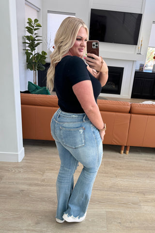 Judy Blue Caroline Mid Rise Control Top Distressed Flare Jeans - Exclusive