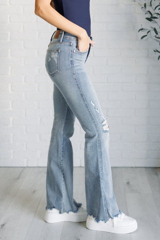 Judy Blue Caroline Mid Rise Control Top Distressed Flare Jeans - Exclusive