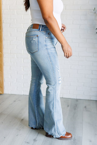 Judy Blue Caroline Mid Rise Control Top Distressed Flare Jeans - Exclusive