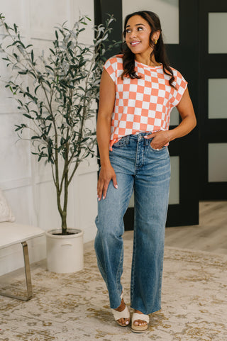7th Ray Check Hers Round Neck Top in Orange