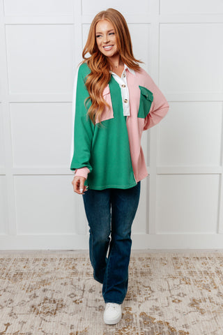One Eleven North Chip Off the Old Colorblock V-Neck Henley in Green
