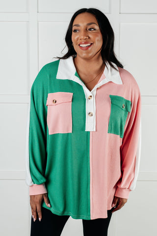 One Eleven North Chip Off the Old Colorblock V-Neck Henley in Green