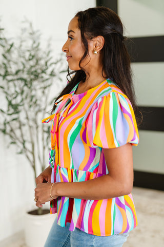 Haptics Chromatide Puff Sleeve Blouse in Mint/Orange