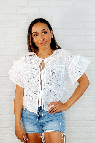 CozyCo Classy As Heck Eyelet Front Tie Top in Off White
