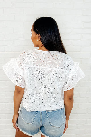 CozyCo Classy As Heck Eyelet Front Tie Top in Off White