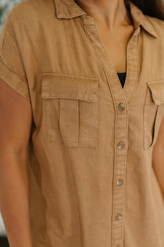 Cloud Nine to Five Button Down Blouse in Deep Camel