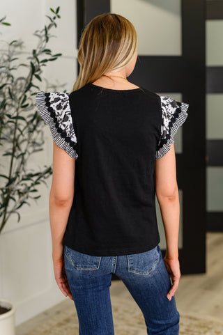 One Eleven North Contrast Flutter Sleeve Top in Black