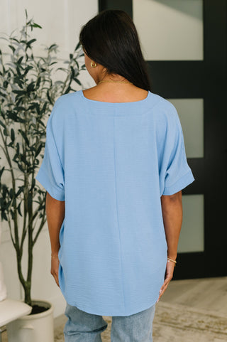 Zenana Counter Part Crinkle Woven V-Neck Top in Cornflower Blue