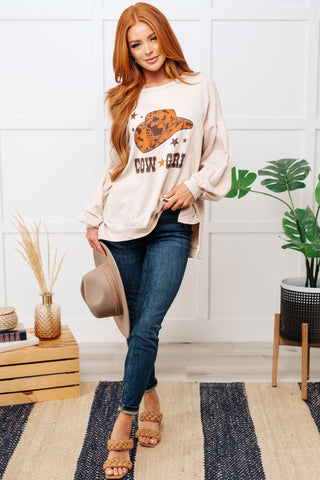 Fantastic Fawn Cow Girl Graphic Pullover in Stone