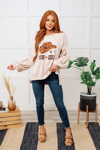 Fantastic Fawn Cow Girl Graphic Pullover in Stone