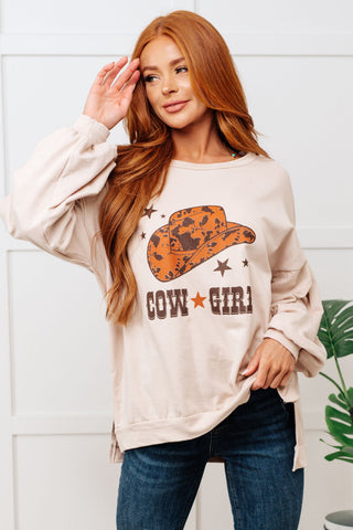 Fantastic Fawn Cow Girl Graphic Pullover in Stone