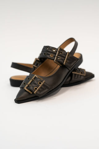 Soda Crazy Train Buckle Pointy Toe Flats