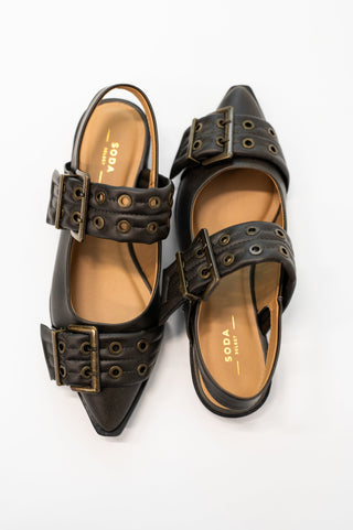 Soda Crazy Train Buckle Pointy Toe Flats