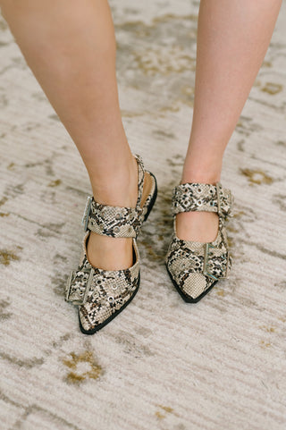 Soda Crazy Train Buckle Pointy Toe Flats in Snakeskin