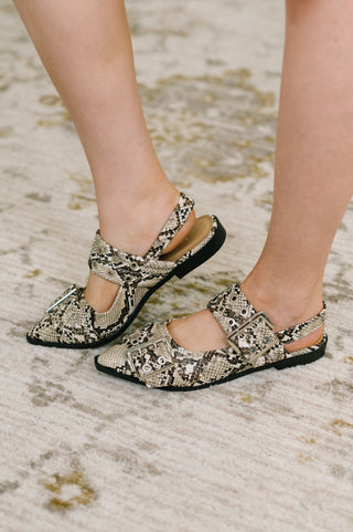 Soda Crazy Train Buckle Pointy Toe Flats in Snakeskin
