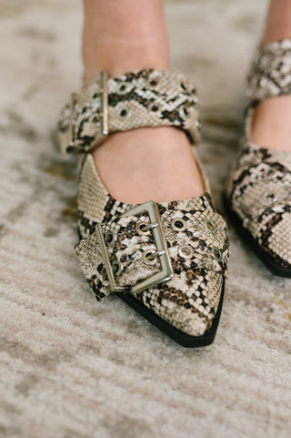 Soda Crazy Train Buckle Pointy Toe Flats in Snakeskin