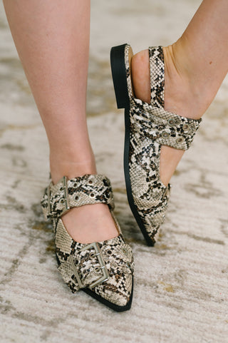 Soda Crazy Train Buckle Pointy Toe Flats in Snakeskin