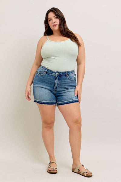 Judy Blue Mid Rise Tummy Control Vintage Wash Release Hem Denim Short 150299-Shorts-Sunshine and Wine Boutique