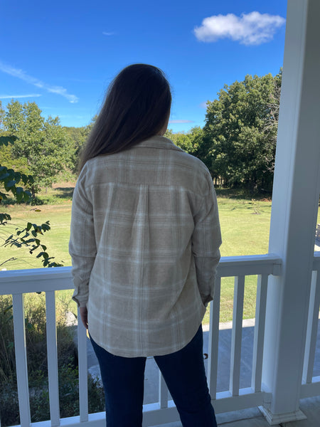 Beach Lunch Lounge “Sally” Plaid Button Up Flannel, Cream-Shirts & Tops-Sunshine and Wine Boutique