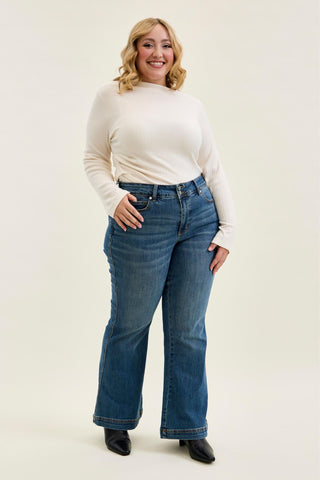 Judy Blue High Waist Tummy Control Double Button Flare Denim Jeans 881018 - Petite