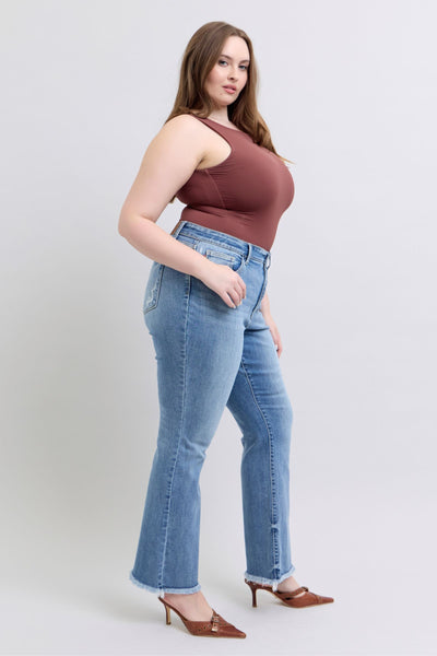 Judy Blue High Waist Fray Hem Bootcut Denim Jeans 82486-Jeans-Sunshine and Wine Boutique