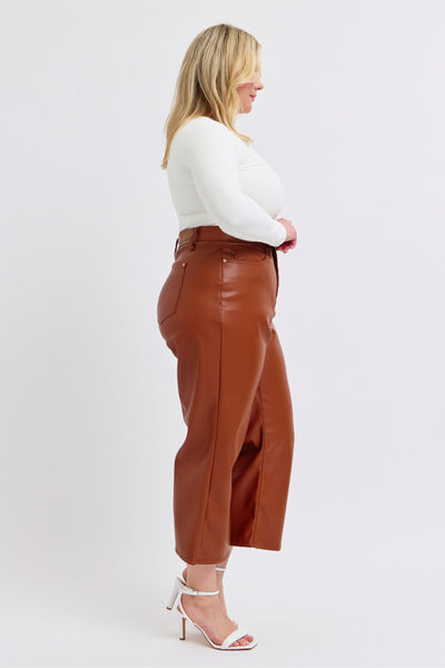 Judy Blue High Waist Tummy Control Camel Faux Leather Wide Leg Crop Denim Jeans 88900-Jeans-Sunshine and Wine Boutique