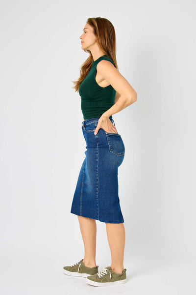 Judy Blue High Waist Back Slit Hem Mid Length Denim Skirt 2831-Jeans-Sunshine and Wine Boutique