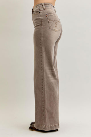 Judy Blue High Waist Retro Yarn Dyed Clay Criss-Cross Waistband Wide Leg Denim Jeans 881031