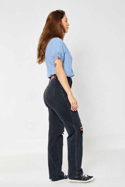 Judy Blue High Rise Rigid Magic 90's Distressed Straight Jeans in Black 88737-Jeans-Sunshine and Wine Boutique