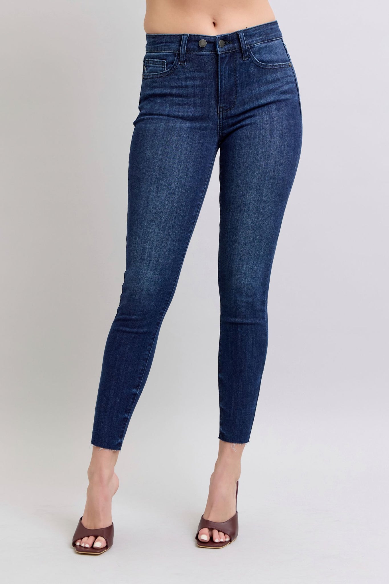 Judy Blue Mid Rise Raw Hem Skinny Denim Jeans 82628-Jeans-Sunshine and Wine Boutique