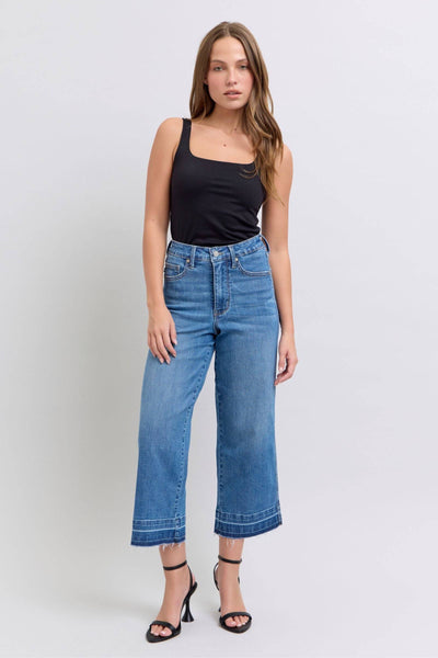 Judy Blue High Waist Tummy Control Release Hem Crop Wide Leg Denim Jeans 88875-Jeans-Sunshine and Wine Boutique