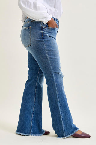 Judy Blue Mid Rise Button Fly Destroyed Fray Hem Flare Denim Jeans 82638