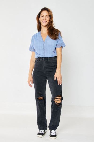 Judy Blue High Rise Rigid Magic 90's Distressed Straight Jeans in Black 88737-Jeans-Sunshine and Wine Boutique