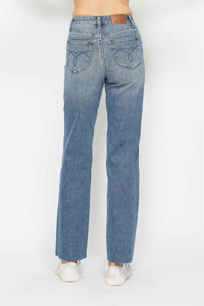 Judy Blue High Waist "Tummy Control" Raw Hem Straight Denim 88848-Jeans-Sunshine and Wine Boutique