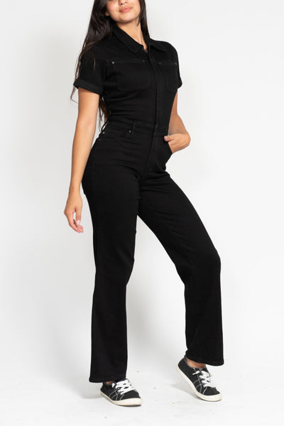 Judy Blue High Waist Garment Dyed Black Tummy Control Short Sleeve Straight Denim Jeans Jumpsuit 88853-Jeans-Sunshine and Wine Boutique