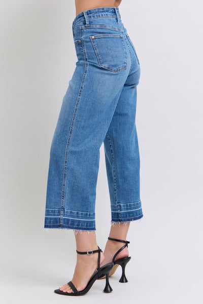 Judy Blue High Waist Tummy Control Release Hem Crop Wide Leg Denim Jeans 88875-Jeans-Sunshine and Wine Boutique