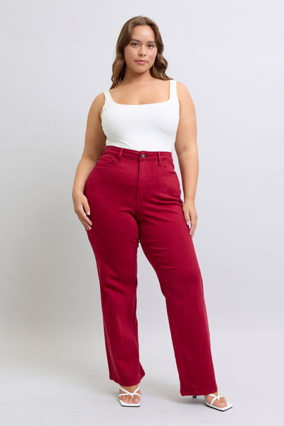 Judy Blue High Waist Garment Dyed Scarlet Heart Shaped Back Pockets 90's Straight Denim Jeans 88917-Jeans-Sunshine and Wine Boutique