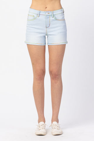 Judy Blue Mid Rise Rainbow Thread Denim Shorts 150103 - Exclusive-Shorts-Sunshine and Wine Boutique