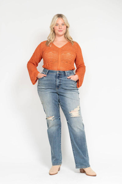 Judy Blue High Waist Harsh Tint & Destroy Straight Dad Denim Jeans 82641-Jeans-Sunshine and Wine Boutique