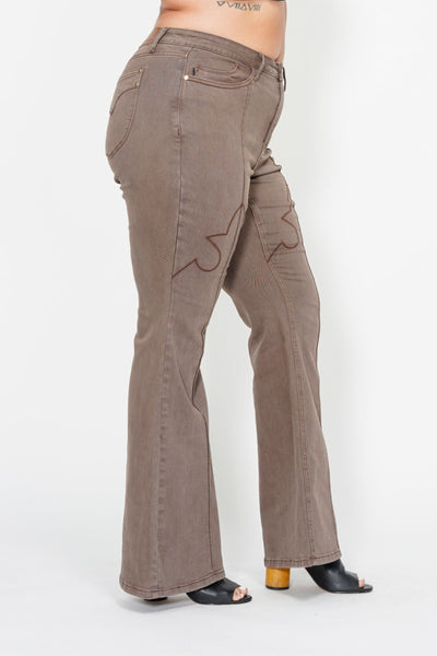 Judy Blue High Waist Garment Dyed Knee Seam Detail & Shield Pockets Flare Denim 88846-Jeans-Sunshine and Wine Boutique