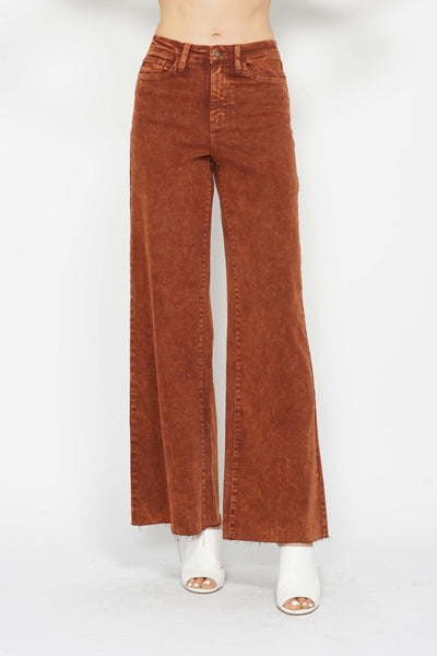 Judy Blue High Waist Garment Dyed Pumpkin Spice Raw Hem Retro Wide Leg Denim 88888-Jeans-Sunshine and Wine Boutique