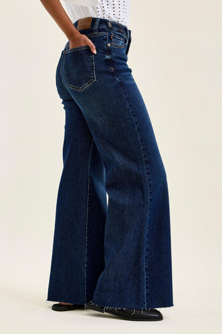 Judy Blue High Waist Adjustable Waistband Tabs Raw Hem Retro Wide Leg Denim Jeans 881114