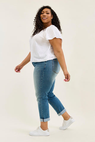 Judy Blue Mid Rise Double Button Cool Denim Boyfriend Denim Jeans 881089