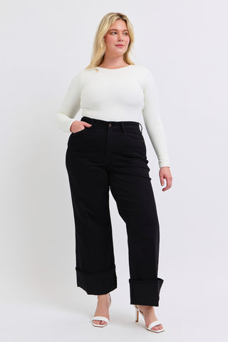 Judy Blue High Waist Retro Wide Leg Black Cuffed Denim Jeans 82617
